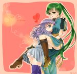  2girls ass black_panties breasts fire_emblem fire_emblem:_rekka_no_ken florina florina_(fire_emblem) green_eyes green_hair highres long_hair lyndis_(fire_emblem) multiple_girls nintendo panties purple_hair smile underwear white_panties yuri 