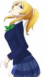  ayase_eli blazer blonde_hair blue_eyes blue_skirt blush bow bowtie expressionless green_bow green_neckwear holding jacket long_sleeves looking_at_viewer love_live! love_live!_school_idol_project michigan otonokizaka_school_uniform paper parted_lips plaid plaid_skirt pleated_skirt ponytail school_uniform scrunchie shaft_look simple_background skirt solo standing white_background white_scrunchie 