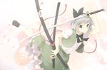  grey_eyes hair_ribbon highres katana konpaku_youmu konpaku_youmu_(ghost) looking_at_viewer open_clothes open_vest petals puffy_short_sleeves puffy_sleeves ribbon shirt short_sleeves silver_hair skirt skirt_set solo sword touhou vest weapon yoshino_ryou 