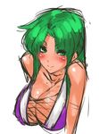  blush breasts cleavage ganbare_goemon green_eyes green_hair highres japanese_clothes large_breasts long_hair looking_at_viewer nameo_(judgemasterkou) ninja smile solo upper_body yae_(ganbare_goemon) 