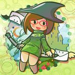  :d bat_wings blush brown_hair building castle commentary_request envelope eyelashes full_body glasses green_shirt hat janpii letter long_sleeves looking_at_viewer lowres nikki_(swapnote) open_mouth pencil red-framed_eyewear shirt smile smiley_face solo stylus swapnote sweater turtleneck wand wings witch_hat 