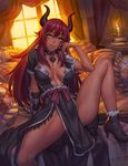  airomed bed borrowed_character breasts breasts_apart collar gauntlets highres horns large_breasts long_hair looking_at_viewer no_bra on_bed original parted_lips pelvic_curtain pillow red_hair single_gauntlet sitting slit_pupils smile solo speh spread_legs thighs yellow_eyes 