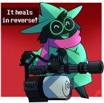  black_fur caprine deltarune dialogue english_text eyes_closed eyewear fur gatling_gun glasses goat gun hat machine_gun mammal minigun potoobrigham ralsei ranged_weapon scarf simple_background team_fortress_2 text valve video_games weapon 