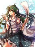  detached_sleeves frog_hair_ornament gohei green_eyes green_hair hair_ornament highres kochiya_sanae namuko one_eye_closed sketch smile snake_hair_ornament star touhou v 