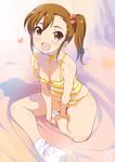  :d bare_legs blush breasts brown_eyes brown_hair camisole choker cleavage downblouse futami_mami hair_bobbles hair_ornament heart idolmaster idolmaster_(classic) inoue_sora jpeg_artifacts looking_at_viewer medium_breasts open_mouth panties ribbon_choker shirt side_ponytail signature sitting smile socks solo striped striped_panties striped_shirt swimsuit tankini underwear underwear_only white_legwear yellow_panties 