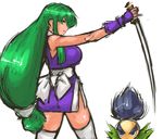  breasts eyebrows from_side ganbare_goemon green_eyes green_hair highres japanese_clothes large_breasts long_hair low-tied_long_hair nameo_(judgemasterkou) ninja ninjatou reverse_grip robot sasuke_(ganbare_goemon) solo_focus sword thick_eyebrows thighhighs very_long_hair weapon white_legwear yae_(ganbare_goemon) 