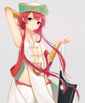  ariinine arm_behind_head chinese_clothes hat highres long_hair looking_at_viewer magi_the_labyrinth_of_magic male_focus otoko_no_ko red_eyes red_hair ren_kouha sleeveless solo sword weapon 