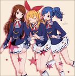  aikatsu! aikatsu!_(series) bad_id bad_pixiv_id blonde_hair blue_eyes blue_hair brown_hair hairband hoshimiya_ichigo iketsuko kiriya_aoi long_hair multiple_girls open_mouth pleated_skirt purple_eyes school_uniform shibuki_ran short_hair side_ponytail skirt smile star starlight_academy_uniform white_skirt 