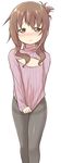  black_legwear blush brown_eyes brown_hair clothes_tug covering covering_crotch folded_ponytail gurande_(g-size) highres inazuma_(kantai_collection) kantai_collection long_hair meme_attire open-chest_sweater pantyhose ribbed_sweater solo sweater sweater_tug thighband_pantyhose turtleneck 