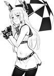  adapted_costume alternate_costume bangs blunt_bangs blush breasts cowboy_shot deras gloves greyscale headgear kantai_collection long_hair midriff monochrome murakumo_(kantai_collection) navel pantyhose race_queen sailor_collar sidelocks sketch skirt small_breasts solo umbrella very_long_hair wavy_mouth 