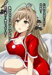  1girl amagi_brilliant_park antenna_hair bad_id bad_pixiv_id banned_artist bow breasts brown_hair camcorder christmas cleavage cosplay costume hair_bow large_breasts latifa_fleuranza long_hair sento_isuzu sento_isuzu_(cosplay) skinsuit tiramii translation_request tsuti zipper 