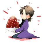  blush brown_eyes brown_hair chibi eating fate/stay_night fate_(series) food haiki_(takaibone) kotomine_kirei male_focus mapo_doufu solo spoon 