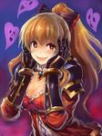  blush breasts brown_hair cleavage edobox granblue_fantasy hands_on_own_face heart large_breasts long_hair open_mouth ponytail red_eyes solo upper_body vira_lilie 