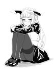  alternate_costume blush deras enmaided greyscale headgear kantai_collection knees_up legs_together long_hair maid maid_headdress mary_janes monochrome murakumo_(kantai_collection) pantyhose shoes sitting sketch solo thighband_pantyhose 