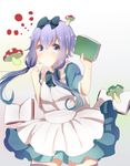  alice_(wonderland) alice_(wonderland)_(cosplay) alice_in_wonderland apron blue_bow blue_dress book bow cosplay cowboy_shot dress frilled_skirt frills hair_bow harusawa looking_at_viewer low_twintails mushroom puffy_short_sleeves puffy_sleeves purple_eyes purple_hair short_sleeves simple_background skirt solo thighhighs twintails vocaloid voiceroid white_background yuzuki_yukari 