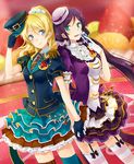  ayase_eli blonde_hair blue_eyes epaulettes food food_themed_ornament fruit garter_straps gloves grapes green_eyes hat hat_removed headwear_removed holding_hands love_live! love_live!_school_idol_project lunica mismatched_legwear multiple_girls necktie orange peaked_cap ponytail purple_hair removing_hat skirt strawberry striped striped_legwear tarot thighhighs toujou_nozomi yuri 