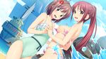  2girls anger_vein angry areolae breasts brown_eyes brown_hair game_cg hand_holding highres kitami_minamo koigakubo_chihaya koutaro long_hair multiple_girls nipples open_mouth ponytail red_hair short_hair swimsuit tropical_kiss tropical_vacation twinkle_(company) twinkle_soft 