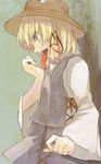  bad_id bad_pixiv_id blonde_hair hair_ornament hair_ribbon hat hichiko licking_hand long_tongue moriya_suwako open_mouth ribbon short_hair solo tongue touhou yellow_eyes 