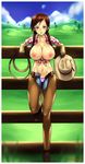  blue_eyes blush braid breasts brown_hair cowboy_hat hat large_breasts looking_at_viewer mouth_hold navel nipples panties scaverle_(mao) solo twin_braids underwear weyy 