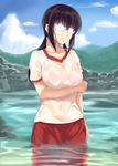  arai_tamako bangs barakamon black_hair bra breast_hold breasts cleavage cloud covered_navel day frown glasses gym_shirt gym_uniform kippuru large_breasts name_tag opaque_glasses pants see-through shirt sky solo track_pants twintails underwear wet wet_clothes wet_shirt 