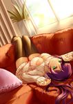  black_legwear breasts cleavage cleavage_cutout clouble couch green_eyes long_hair looking_at_viewer love_live! love_live!_school_idol_project lying medium_breasts meme_attire on_back open-chest_sweater pillow purple_hair ribbed_sweater solo sunlight sweater thighhighs toujou_nozomi turtleneck window 