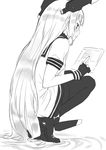  blush breasts deras dress fingerless_gloves floating_screen gloves greyscale headgear kantai_collection long_hair monochrome murakumo_(kantai_collection) pantyhose sailor_dress short_sleeves sidelocks sketch small_breasts solo squatting very_long_hair 