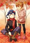  arms_behind_back autumn autumn_leaves black_legwear blue_hair boots brown_hair closed_eyes cr72 grin inazuma_eleven_(series) inazuma_eleven_go leaning_forward male_focus matsukaze_tenma multiple_boys pantyhose scarf shorts sitting smile tsurugi_kyousuke yellow_eyes 