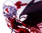  bat_wings blood brooch chain cravat detached_collar fangs flat_chest frills hat hat_ribbon jewelry lavender_hair mazeran mob_cap navel nude open_mouth red_eyes remilia_scarlet restrained ribbon short_hair solo touhou vampire wings wrist_cuffs 
