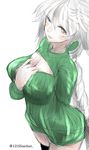  arm_behind_back braid breasts brown_eyes cleavage_cutout dress hand_on_own_chest kantai_collection kojima_(blue_stardust) large_breasts long_hair looking_at_viewer meme_attire one_eye_closed open-chest_sweater ribbed_sweater silver_hair single_braid sketch smile solo sweater sweater_dress unryuu_(kantai_collection) very_long_hair wavy_hair 