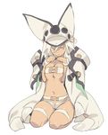  belt beltbra blade_(galaxist) breast_squeeze breasts brown_eyes dark_skin guilty_gear guilty_gear_xrd hat jpeg_artifacts large_breasts long_hair navel ramlethal_valentine seiza short_shorts shorts simple_background sitting solo thigh_strap underboob white_background white_hair 