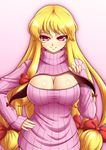  alternate_costume blonde_hair bow breasts cleavage gap hair_bow highres large_breasts long_hair long_sleeves looking_at_viewer mazume meme_attire no_hat no_headwear open-chest_sweater purple_eyes ribbed_sweater simple_background smile solo sweater touhou turtleneck yakumo_yukari 