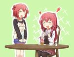  :d ^_^ ahoge akaza_akane akaza_akari bad_id bad_pixiv_id black_legwear camera casual chair closed_eyes creamer_(vessel) cup cupcake food fruit hair_bun hair_intakes multiple_girls open_mouth pantyhose red_hair shikou_sakugo_(qqap9gt9k) shorts siblings sisters sitting skirt smile strawberry table tea teacup yuru_yuri 