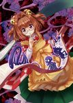  apron bell brown_eyes brown_hair dragon finger_to_mouth glasses hair_bell hair_ornament highres japanese_clothes kimono long_sleeves looking_at_viewer motoori_kosuzu nibi oni scroll shushing skeleton smile solo touhou wide_sleeves 