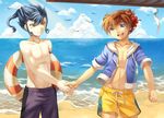  beach bird blue_hair brown_hair cloud cr72 day flower hair_flower hair_ornament holding_hands inazuma_eleven_(series) inazuma_eleven_go innertube jacket male_focus matsukaze_tenma multiple_boys navel nipples open_clothes open_jacket open_mouth outdoors shirtless sky summer tsurugi_kyousuke yellow_eyes 