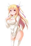  alisa_reinford bashen_chenyue blonde_hair blush breasts cleavage cleavage_cutout clothes_tug covering covering_crotch eiyuu_densetsu hair_ribbon highres long_hair looking_at_viewer medium_breasts meme_attire no_pants open-chest_sweater panties red_eyes ribbed_sweater ribbon sen_no_kiseki solo sweater sweater_tug thighhighs turtleneck two_side_up underwear white_legwear white_panties white_sweater 