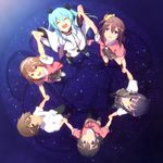  5girls blue_hair brown_eyes brown_hair circle_formation from_above highres holding_hands komiya_nonoka long_hair mido_(mimizuku-hukuro) mizusaka_souta mizusaka_yuzuki multiple_girls noel_(sora_no_method) purple_eyes school_uniform scrunchie shiihara_koharu short_hair side_ponytail sora_no_method togawa_shione 