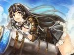  black_eyes black_hair black_legwear cloud cowboy_shot day edobox gloves goggles goggles_on_head granblue_fantasy jessica_(granblue_fantasy) long_hair looking_at_viewer lying on_stomach open_mouth sky solo straddling thighhighs white_gloves 