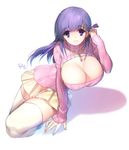  artist_name bad_id bad_pixiv_id breasts cleavage cleavage_cutout fate/stay_night fate_(series) hair_ribbon huge_breasts jewelry long_hair looking_at_viewer matou_sakura matsuki_ringo meme_attire open-chest_sweater pendant purple_eyes purple_hair ribbed_sweater ribbon shadow skirt smile solo sweater thighhighs turtleneck 