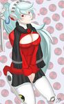  1girl android atlus blue_hair breasts labrys long_hair megami_tensei open-chest_sweater persona persona_4 persona_4:_the_ultimate_in_mayonaka_arena pocky ponytail red_eyes scarf shin_megami_tensei skirt 