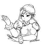  bowl bracelet breasts bun_cover china_dress chinese_clothes chun-li commentary double_bun dress earrings food food_in_mouth food_on_head gameplay_mechanics greyscale jewelry kuroonehalf large_breasts lineart monochrome noodles object_on_head puffy_sleeves short_hair solo spiked_bracelet spikes street_fighter street_fighter_v twitter_username 