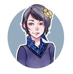  1girl batman_(series) black_hair brown_eyes bust circle dc_comics flower freckles gotham_academy hair_flower hair_ornament maps_mizoguchi plaid school_uniform short_hair smile solo sweater upper_body 