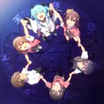  5girls blue_hair brown_eyes brown_hair circle_formation copyright_name from_above highres holding_hands komiya_nonoka long_hair mido_(mimizuku-hukuro) mizusaka_souta mizusaka_yuzuki multiple_girls noel_(sora_no_method) purple_eyes school_uniform scrunchie shiihara_koharu short_hair side_ponytail sora_no_method togawa_shione 