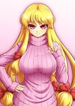  alternate_costume blonde_hair bow breasts hair_bow highres large_breasts long_hair long_sleeves looking_at_viewer mazume no_hat no_headwear purple_eyes ribbed_sweater simple_background smile solo sweater touhou turtleneck yakumo_yukari 