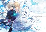  1girl aldnoah.zero asseylum_vers_allusia bird blonde_hair broken_glass closed_eyes cloud cloudy_sky dress feathers glass hirai_yuzuki long_hair military military_uniform short_hair silver_hair sky slaine_troyard uniform water_drop 