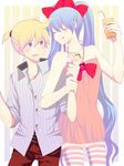  1girl banned_artist bare_shoulders blonde_hair blue_hair blue_nails blush couple cup dress dress_shirt drink flat_chest food hair_ribbon halter_top halterneck harano hatsune_miku height_difference hetero ice_cream kagamine_len licking_lips long_hair nail_polish ribbon shirt short_dress striped striped_legwear tall thighhighs tongue tongue_out twintails very_long_hair vocaloid wrist_grab zettai_ryouiki 