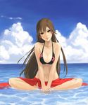  akira_ferrari aria bikini_top breast_squeeze breasts brown_hair cleavage cloud day earrings floral_print hands_on_feet highres jewelry kuroko_(piii) lips long_hair looking_at_viewer medium_breasts navel partially_submerged red_sarong sarong sitting sky solo swimsuit water 
