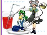  animal_ears basket blue_eyes capelet cheese detached_sleeves drink drinking_straw eating food fork frog green_hair grey_hair holding holding_fork knife kochiya_sanae long_hair minigirl mouse mouse_ears mouse_tail multiple_girls nazrin on_plate oversized_object plate red_eyes short_hair snake tail takeko touhou 