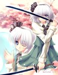  &gt;:( ;) ascot blue_eyes bow cherry_blossoms dual_wielding frown hair_bow hair_over_eyes hairband headband highres holding katana konpaku_youmu konpaku_youmu_(ghost) looking_at_viewer multiple_views one_eye_closed pleated_skirt projected_inset shirt short_hair silver_hair skirt skirt_set smile standing sword tateha_(marvelous_grace) touhou v-shaped_eyebrows vest weapon 