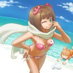  amami_haruka beach bikini bow brown_hair cloud day ebinera floral_print green_eyes hair_bow hand_on_hip idolmaster idolmaster_(classic) multiple_girls ocean one_eye_closed outdoors red_bikini red_hair scarf side-tie_bikini sky smile swimsuit water |_| 