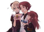  2girls akita_komachi_(midgard) armband beatrice blue_eyes blush brother_and_sister gift hair_bobbles hair_bun hair_ornament holding holding_gift lowres multiple_girls red_hair short_hair siblings silver_hair umineko_no_naku_koro_ni ushiromiya_ange ushiromiya_battler 